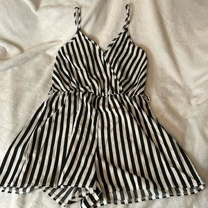 Black and white striped low v cut romper